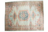 Vintage Oushak Distressed Carpet, subtle sky blue and peachy blush, faded central design.