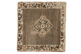 Vintage Oushak square rug, dark brown diamond medallion, pearl field, and vine borders.
