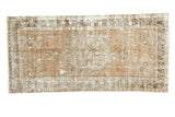 Distressed vintage Oushak runner, faded medallion and cloudband spandrels, muted brown, ivory, 3x6.