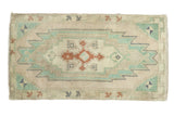 Hand-knotted vintage Oushak rug, lozenge medallion, mint green, copper, beige tones, 1'6