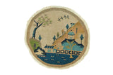 Hand-knotted Chinese pictorial round rug, scenic village, ivory, blue, green, 2x2.