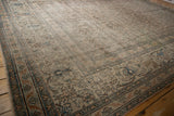 Heavy distress with exposed foundation along intricate border of an antique Persian rug.
