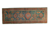 Vintage Oushak runner with denim blue and aqua field, rosy rust floral border.