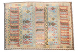 New Kilim carpet, multi-paneled geometric design, winding river motif, blue, red, yellow, ivory, brown.