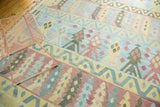 Winding river motif and geometric panels on new Kilim rug, sky blue, cranberry, saffron.