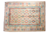 New Pakistani Kilim carpet, geometric blue, red, saffron, green, beige banded medallions. 8'2