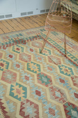 Banded medallions in geometric relief on Pakistani Kilim; powder blue, saffron, cranberry red.