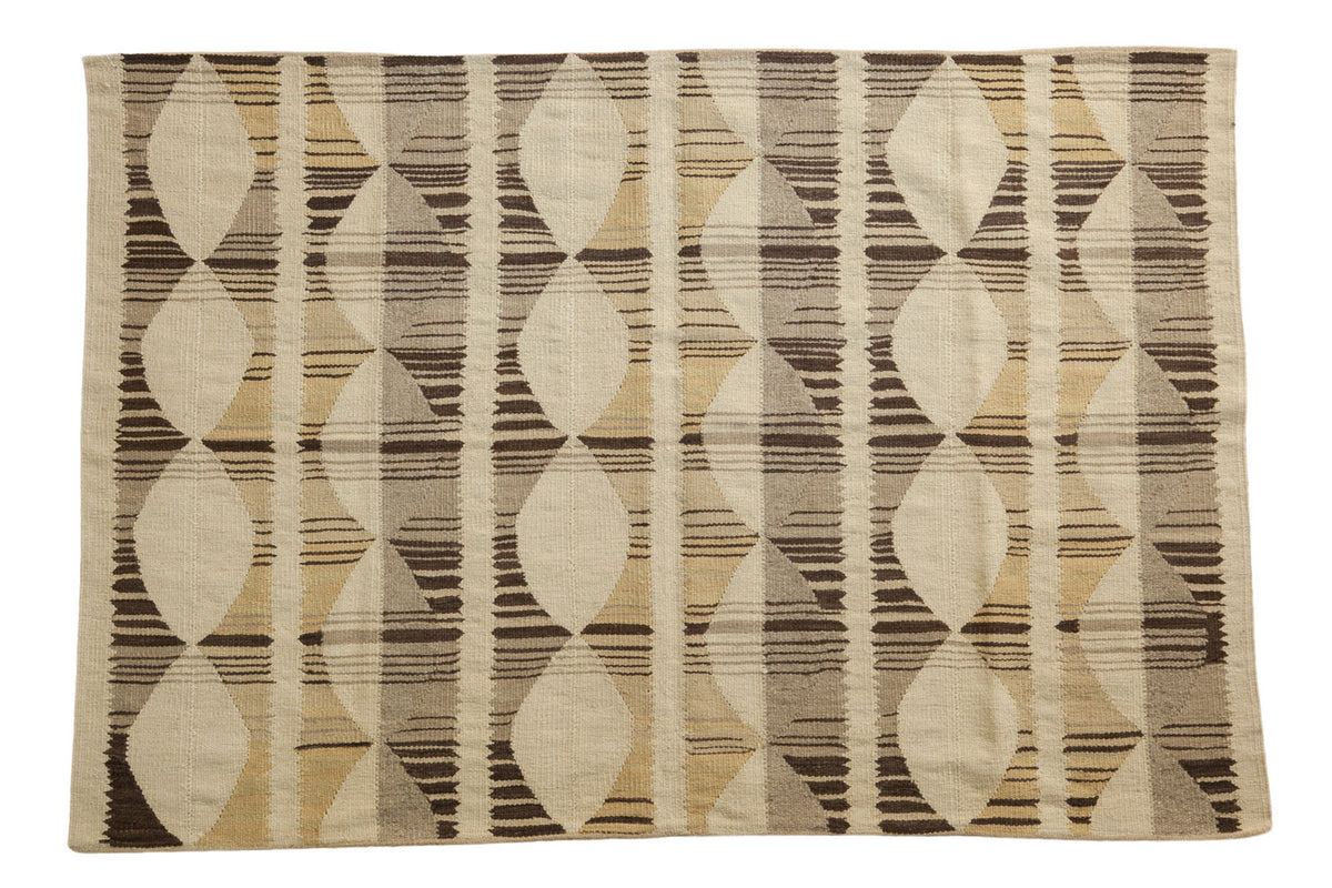 Modern hand woven Egyptian Kilim rug, ivory, gold, grey, brown diamond and stripe pattern.