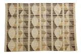 Modern hand woven Egyptian Kilim rug, ivory, gold, grey, brown diamond and stripe pattern.