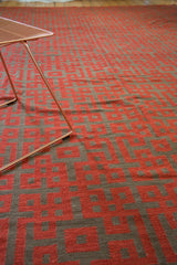 Modern Turkish Kilim with repeating black cherry red and dark charcoal endless knot motif.