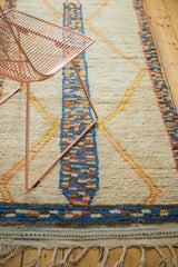 Plush pile, hand-knotted fringe, and speckled border detail of the vintage Moroccan rug.