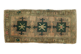 Vintage Oushak runner, geometric triple square medallions in mallard green, faded copper, and beige.