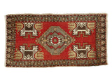Vintage Oushak rug, cherry red, stepped medallion, splayed floral and planter motifs. 1'10