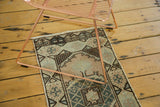Oushak rug corner detail: checkered pattern, hexagonal border in faded peach, brown, sea foam green.