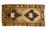 Vintage Oushak runner with brilliant bronze field, dark chocolate stepped medallions, ivory star motifs.