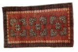 Vintage Oushak rug mat featuring geometric floral motifs in cherry red, grey, and ivory. 1'6