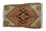 Vintage Oushak rug mat with stepped medallion, corner motifs, copper, chocolate, sea foam green.