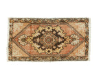 Vintage Oushak rug runner, hexagonal medallion, floral spandrels, faded peach, saffron gold, charcoal.