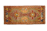 Vintage Oushak runner, geometric double medallions, star motifs, brick red, moss green, tangerine, and blue.