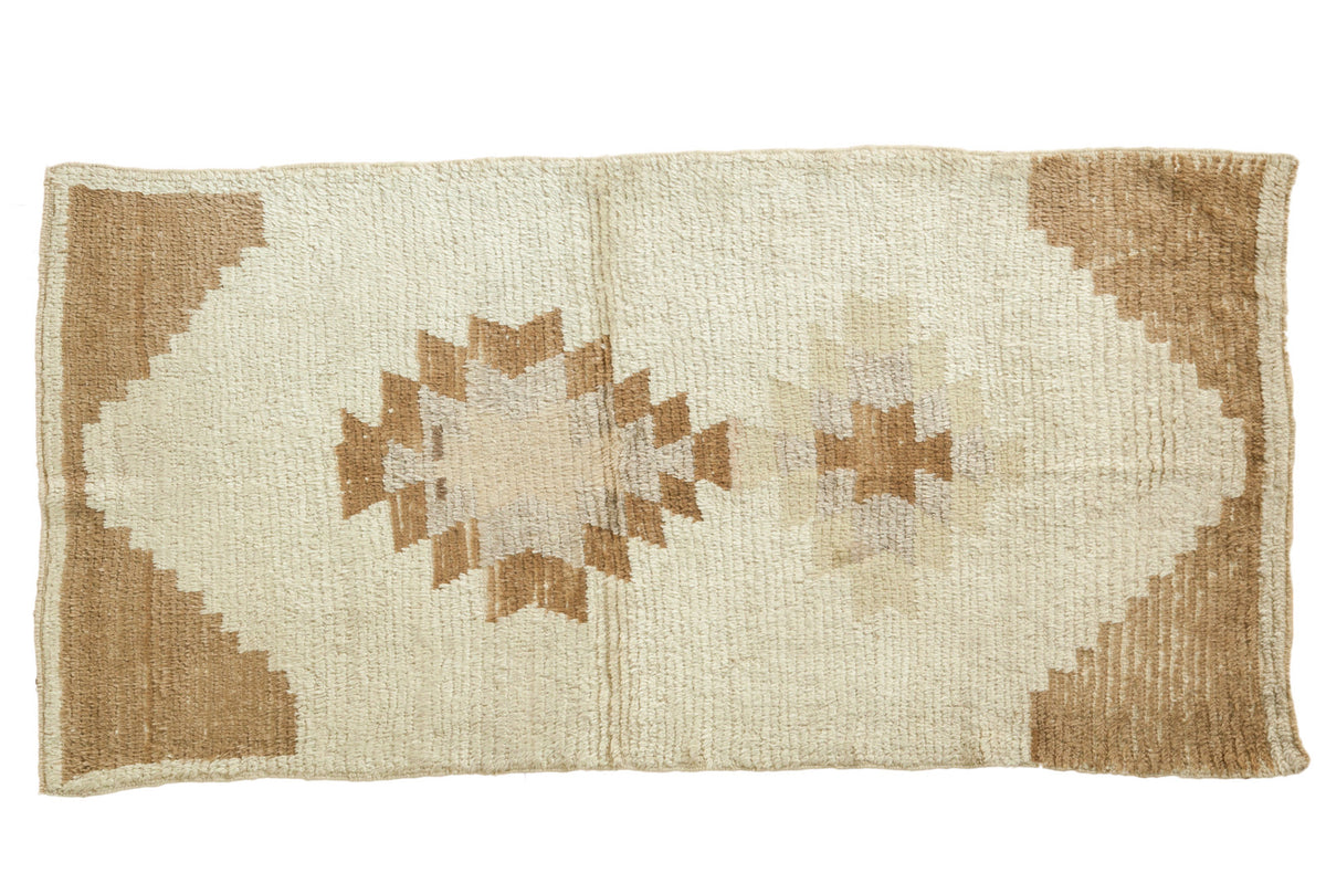 Vintage Tulu rug runner, double asymmetric stepped geometric medallions, ivory and coffee brown, 3'2 x 6'3.