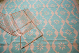 Hand-woven Dhurrie carpet, allover floral lattice in aqua turquoise and blush rose.