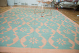 Allover aqua turquoise and blush floral ribbon lattice on a hand woven dhurrie.