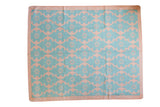 New Dhurrie Carpet, allover floral ribbon lattice in aqua turquoise blue and deep blush rose.