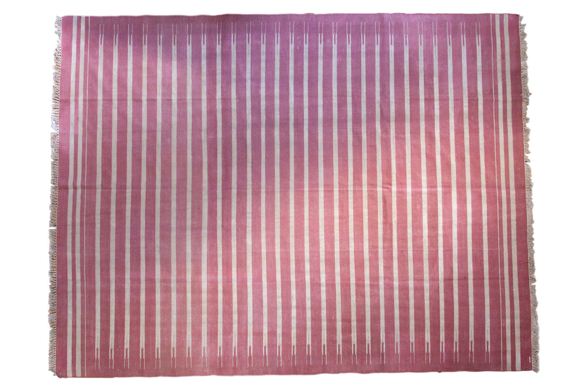 Vintage hand woven Indian Dhurrie carpet, striated red, fuchsia, and ivory vertical stripes. 7'8" x 9'11".