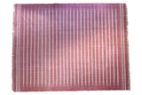 Vintage hand woven Indian Dhurrie carpet, striated red, fuchsia, and ivory vertical stripes. 7'8