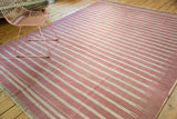 Vintage hand-woven dhurrie rug with ivory and red striated lines, slight color inflections.