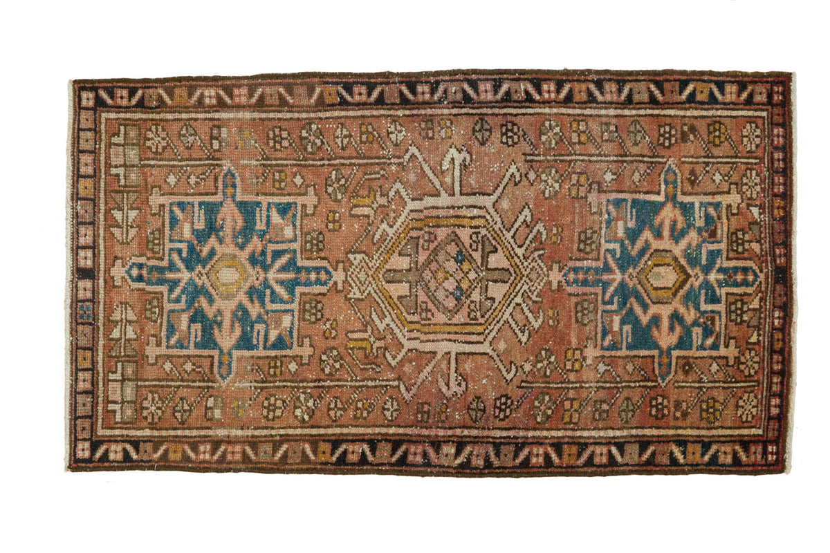Vintage Karaja hand-knotted Persian runner, triple geometric medallions, burnt red, indigo blue. 2'3" x 4'.
