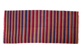 Vintage Kilim runner, vertical stripe bands in wine red, burnt orange, charcoal navy, sand.