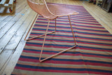 Hand woven Turkish Kilim runner, striped in wine red, burnt orange, navy, beige.