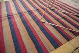Vintage Turkish Kilim runner with hand woven stripe design in wine red, burnt orange, charcoal, sand.