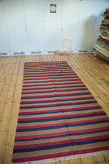 Wine red, burnt orange, charcoal navy, beige striped Turkish Kilim runner with fringe.