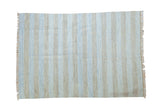 Hand woven Dhurrie rug with modern pale sky blue and charcoal vertical stripes.