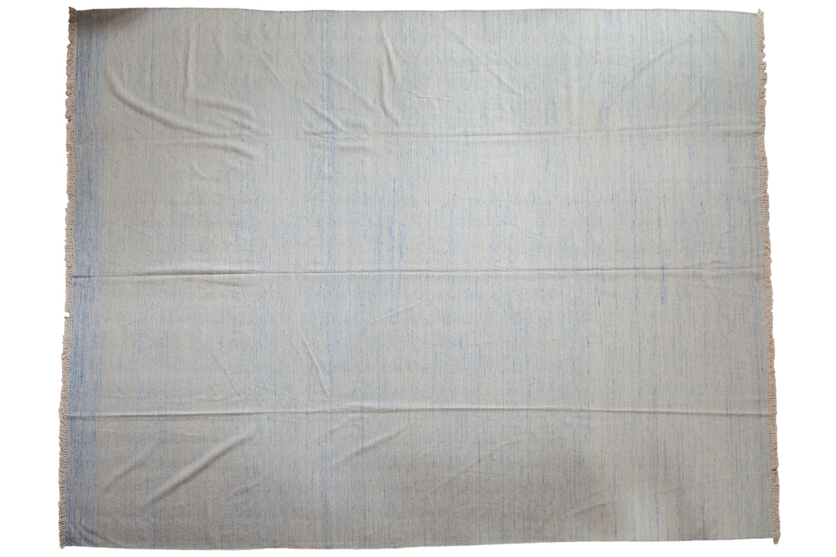 Hand woven Dhurrie carpet in ivory with pale powder blue vertical stripes, 10'6" x 13'6".