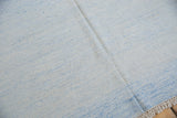 Hand-woven texture of a minimalist Dhurrie carpet, pale powder blue and ivory, with fringe.