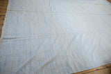 Minimalist hand-woven Dhurrie carpet texture, featuring pale powder blue and ivory with fringe.
