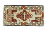 Vintage Oushak runner with stepped medallion, corner motifs, in seafoam, copper, madder red.