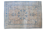 Vintage hand-knotted Tabriz carpet, distressed blue medallion, intricate floral palmettes, 8'2