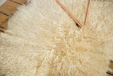 Plush, wavy ivory fur texture of a luxurious angora skin rug.