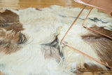 Luxurious angora skin rug fur texture in soft ivory, brown, and dark tones.