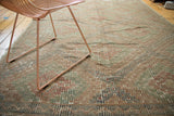 Vintage Jijim carpet's woven geometric diamonds, brick red, sea foam green, and charcoal tones.