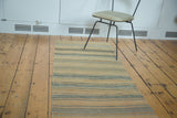 Hand woven Vintage Turkish Kilim runner, horizontally striped in dusty apricot beige, silver, and slate.