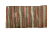 Vintage hand woven Turkish Kilim rug, striped with alternating ivory, sea foam green, bronze, blush.
