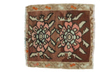 Vintage Turkish Kilim square rug, blush and pale sea foam floral medallions, brown ground, greige border.