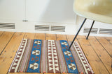 Geometric Turkish Kilim rug detail: brilliant blue, ivory, brown, blush pinwheel and triangular designs.