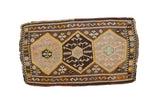 Vintage Turkish Kilim runner, triple geometric medallions in blush, dark brown, bronze, and tangerine.