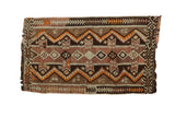 Vintage Turkish Kilim rug, geometric zigzag and triangular motifs in chocolate, ivory, tangerine.